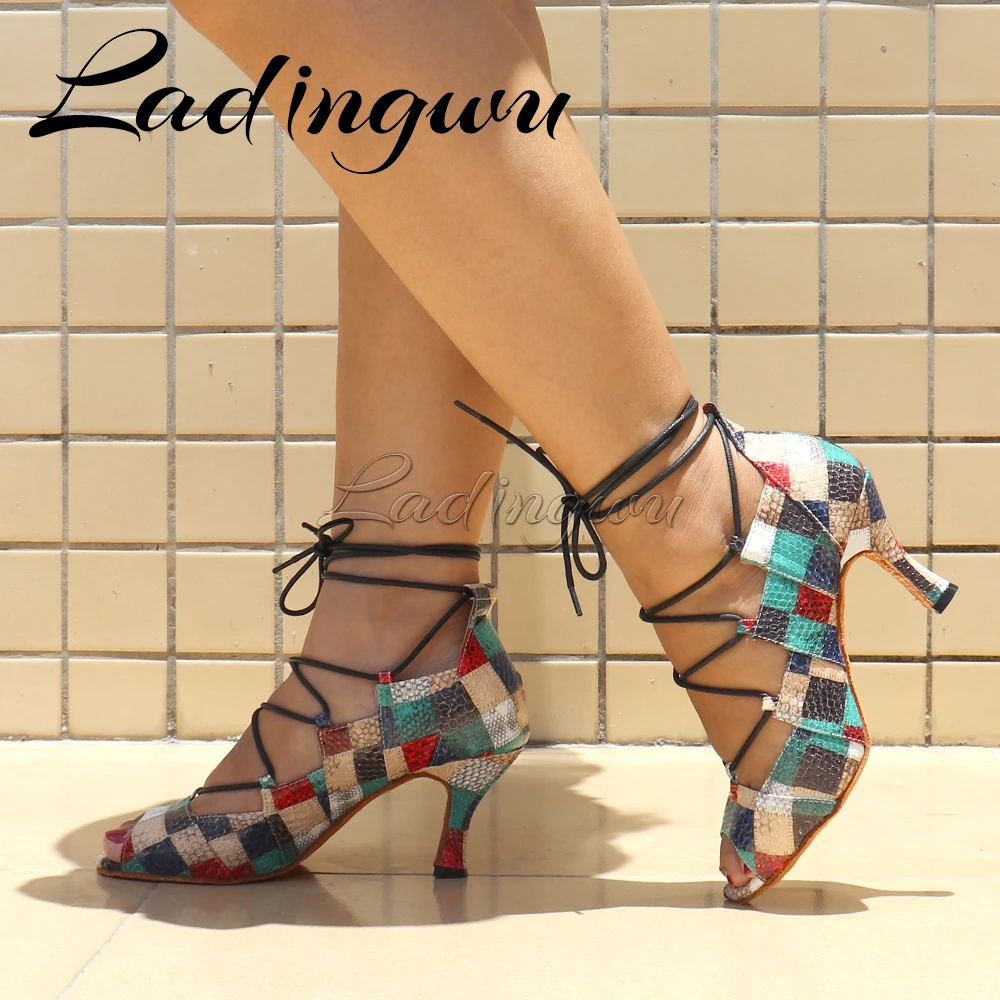 Ladingwu Latin Dance Shoes Roman Boots Dance Soft Bottom For Women Girls Ballroom Dance Shoes Characteristic Plaid Style PU