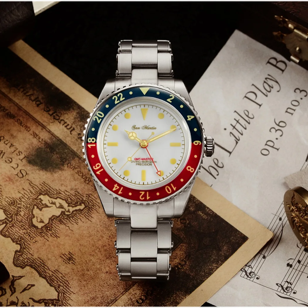 San Martin Jam Tangan Penyelam Pria, Jam Tangan Otomatis Pria Jam Tangan Mekanis Hantu Air Retro GMT Mewah 200M Kedap Air Bercahaya