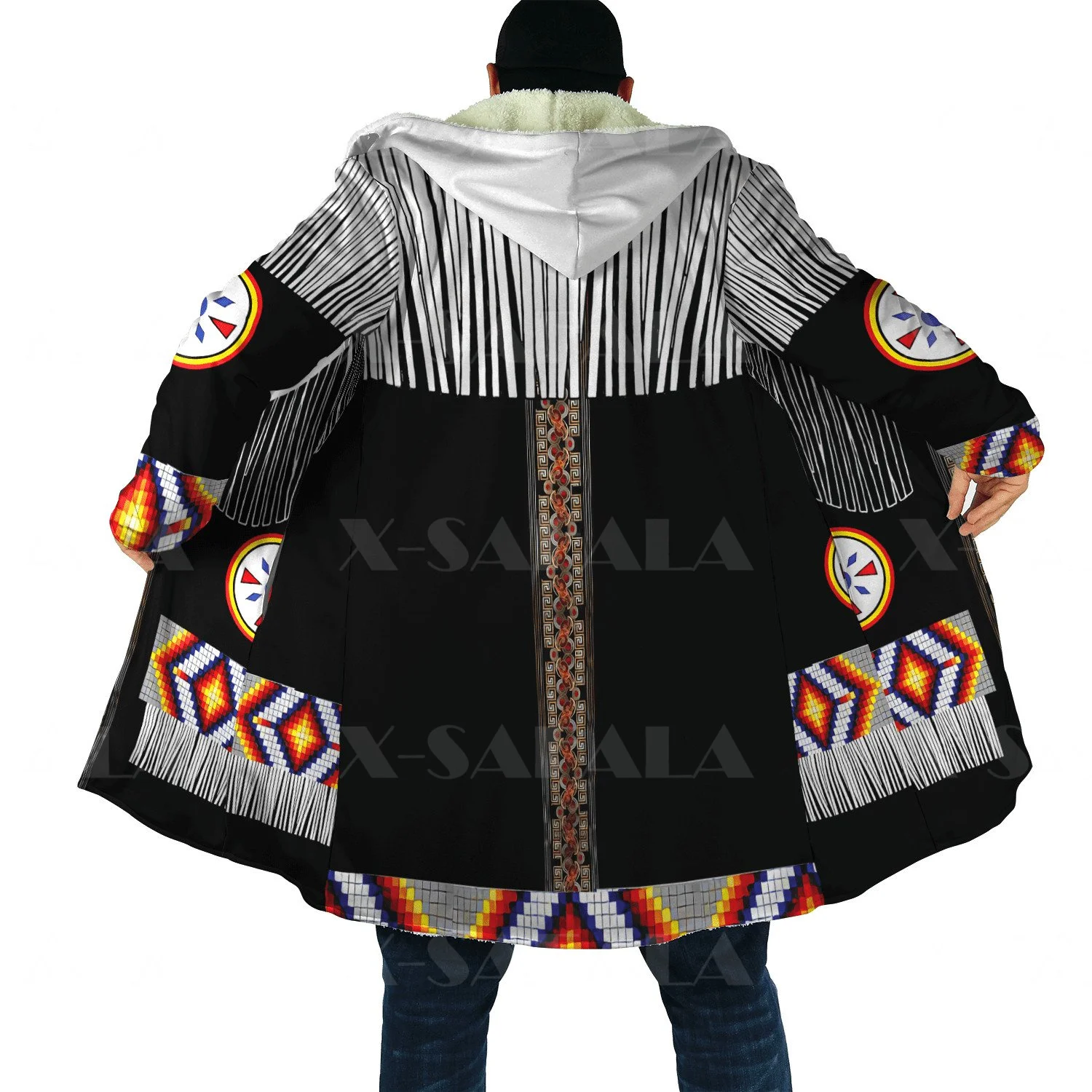 

Thick Warm Hooded Cloak for Men Owl Native Feather Totem Overcoat Coat 3D Print Windproof Fleece Cape Robe Hooded Blanket-6