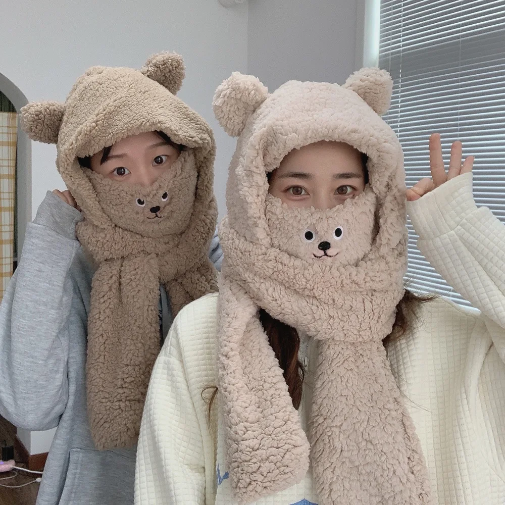 

Cute Cartoon Bear Ear Scarf Hat Protection Warm Mask 3 In One Women's Thickened Lamb Plush Cap Girl Gift Winter Accessories