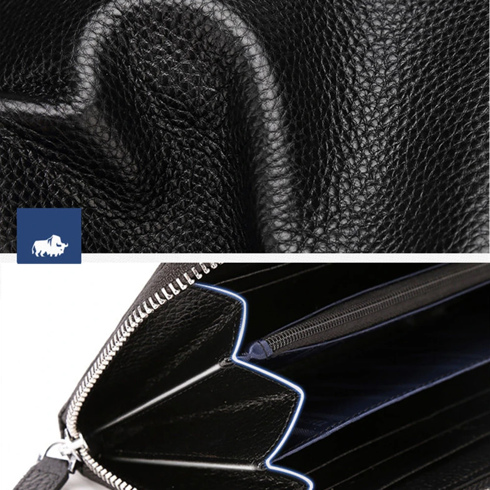 BISON DENIM Brand Genuine Leather Wallet RFID Blocking Clutch Bag Wallet Card Holder Coin Purse Zipper Male Long Wallets N8195