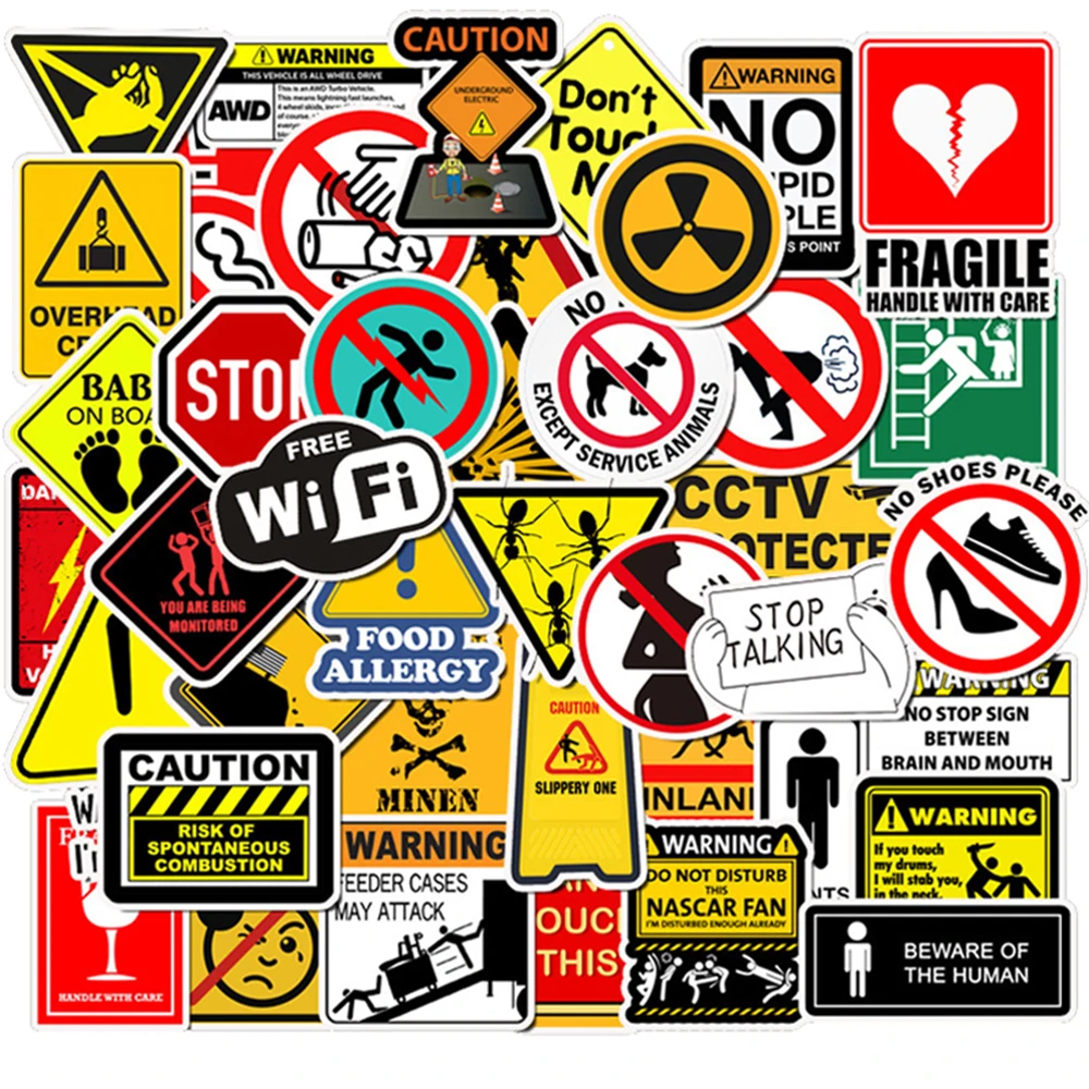 10/30/50PCS Warning Stickers Danger Banning Signs Reminder Laptop Guitar Luggage Skateboard Phone Waterproof Sticker Decal Toy