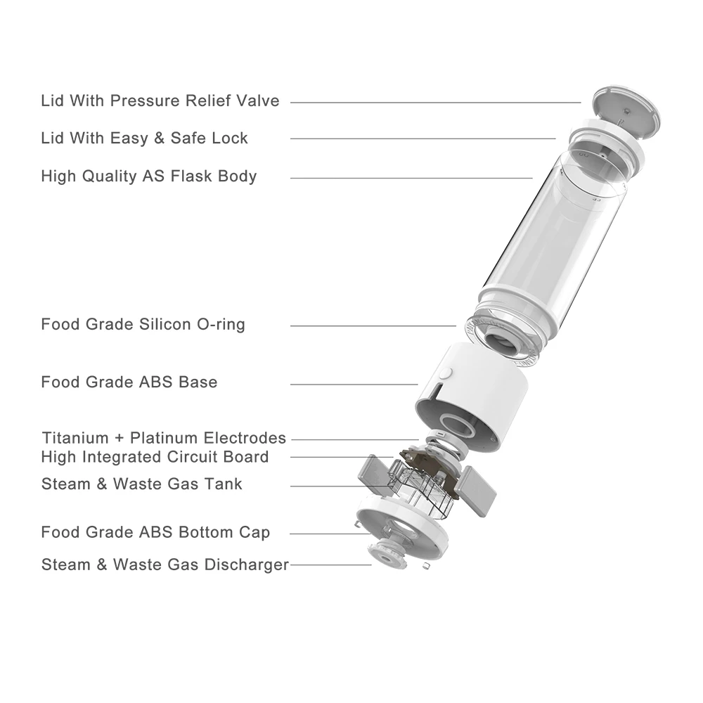 الولايات المتحدة الأمريكية دوبونت N117 أفضل SPE PEM عالية التركيز مولد ماء الهيدروجين زجاجة مع محول زجاجة