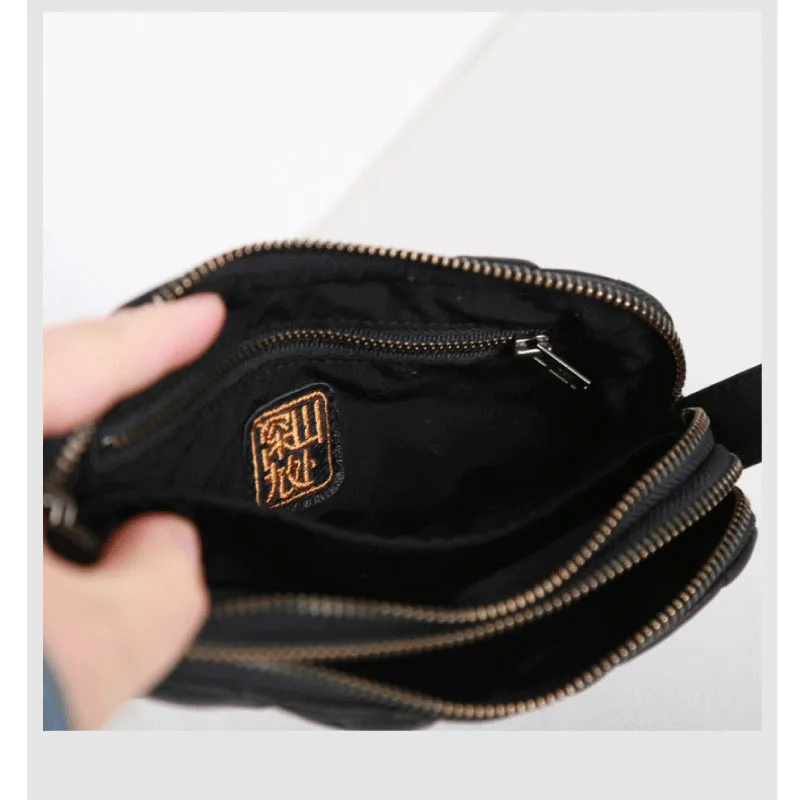 Mini Clutch Bag Genuine Leather Luxury Double Zipper Storage Coin Purses Unisex Sheepskin Casual Cell Phone Wallet