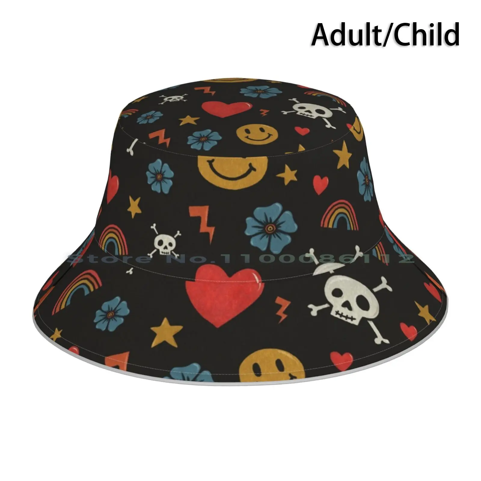 Happy Days Pattern Bucket Hat Sun Cap Pattern Design Face Heart Star Lightning Bolt Rainbow Pride Happy Uplifting Positive