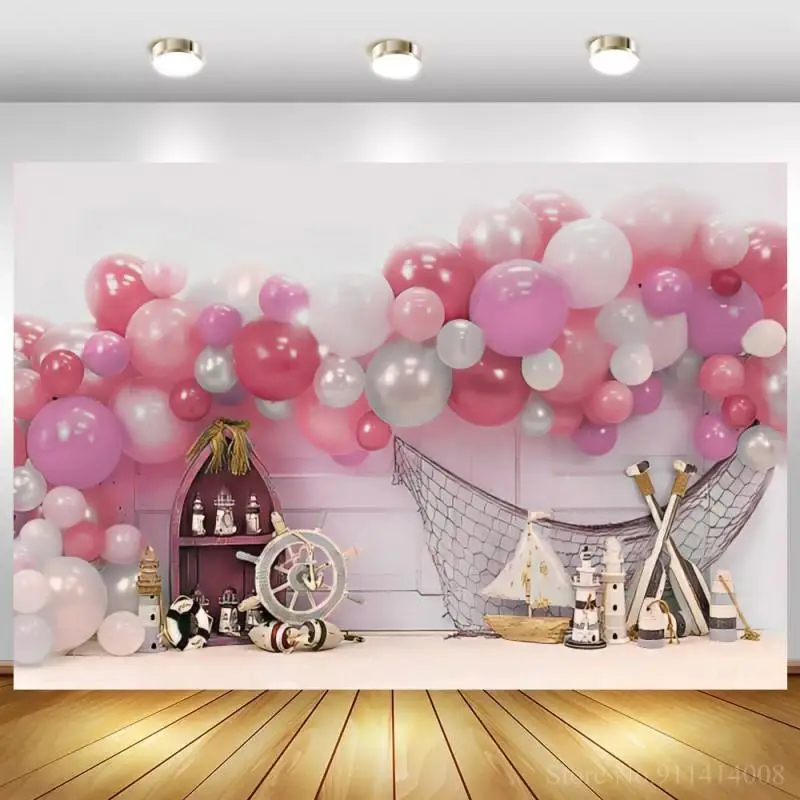 خلفية تصوير لقارب القراصنة ، بالونات وردية وزرقاء ، ديكور شبكة صيد ، هاتف ضوئي لعيد ميلاد المولود الجديد ، خلفية Photozone