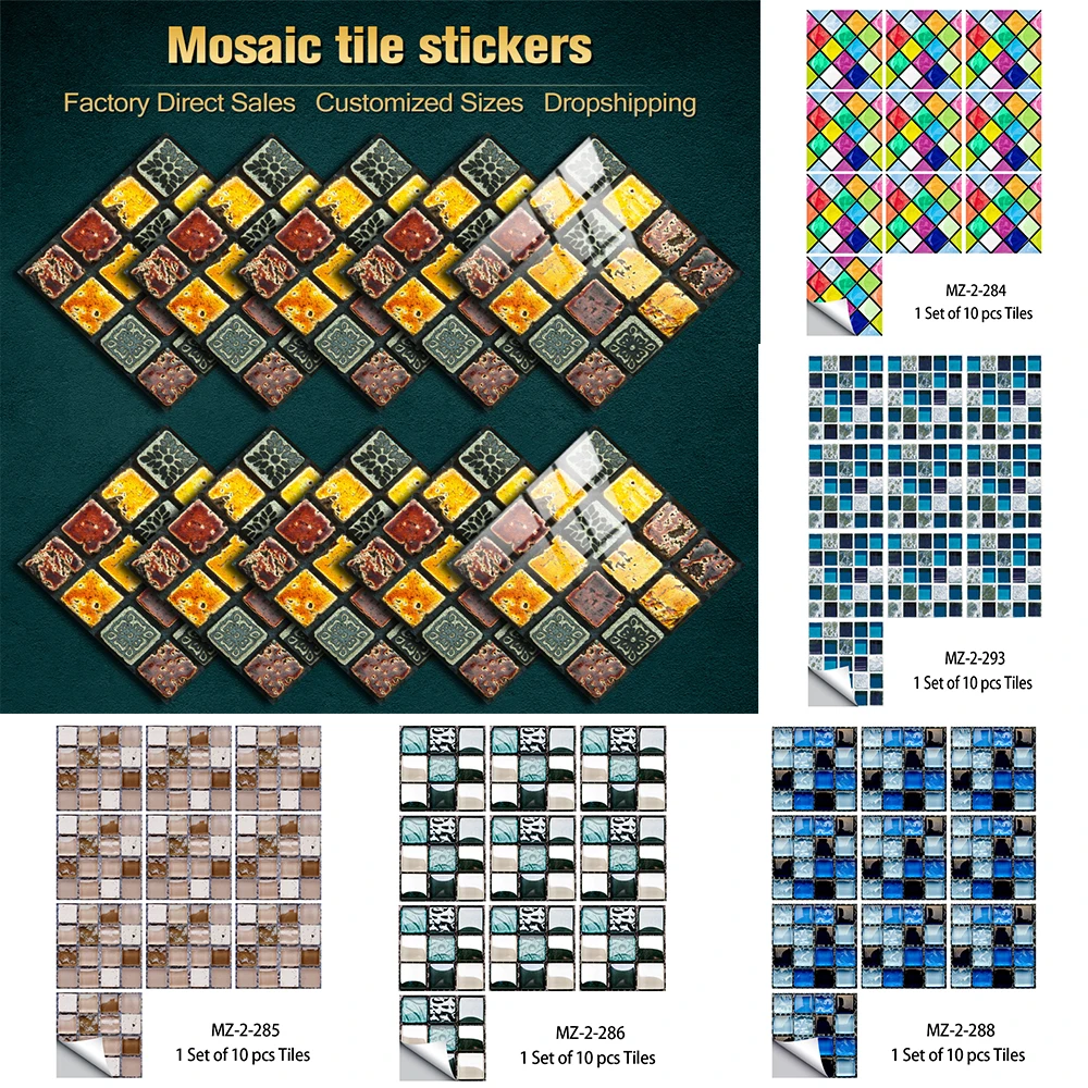 15 Styles For Choose 10/15cm Flat MosaicTiles Sticker Kitchen Wardrobe Art Mural Home Decor Peel & Stick Oil-proof Wall Decals