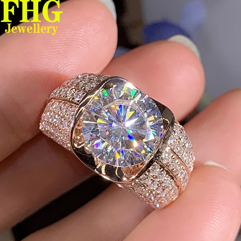 

Solid 9K Au375 Rose Gold Men Ring DVVS1 2Carat Moissanite Diamonds Round Wedding Party Engagement Anniversary Ring