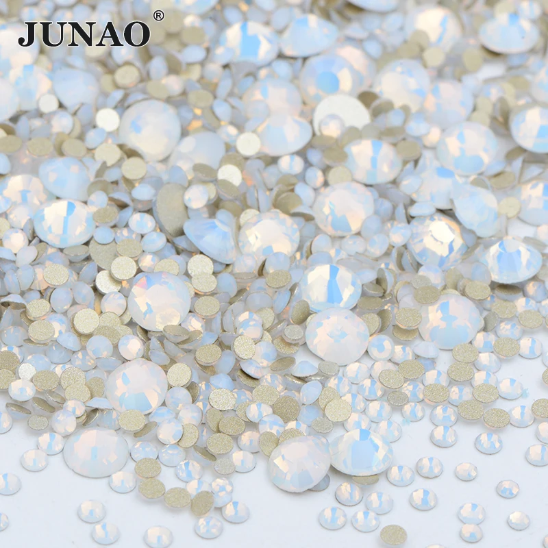 JUNAO SS6 8 10 12 16 20 Opal White Mix Size Crystals Flatback Glass Rhinestones Non Hot Fix Stones Stickers Nail Art Decoration