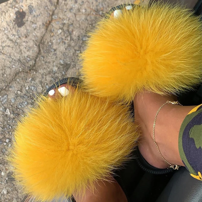 Hot Sale Summer Women Fox Fur Slippers Furry Slippers Designer Fur Slides Girls Black Fur Slides Gorgeous Big Fur Slides Sandal