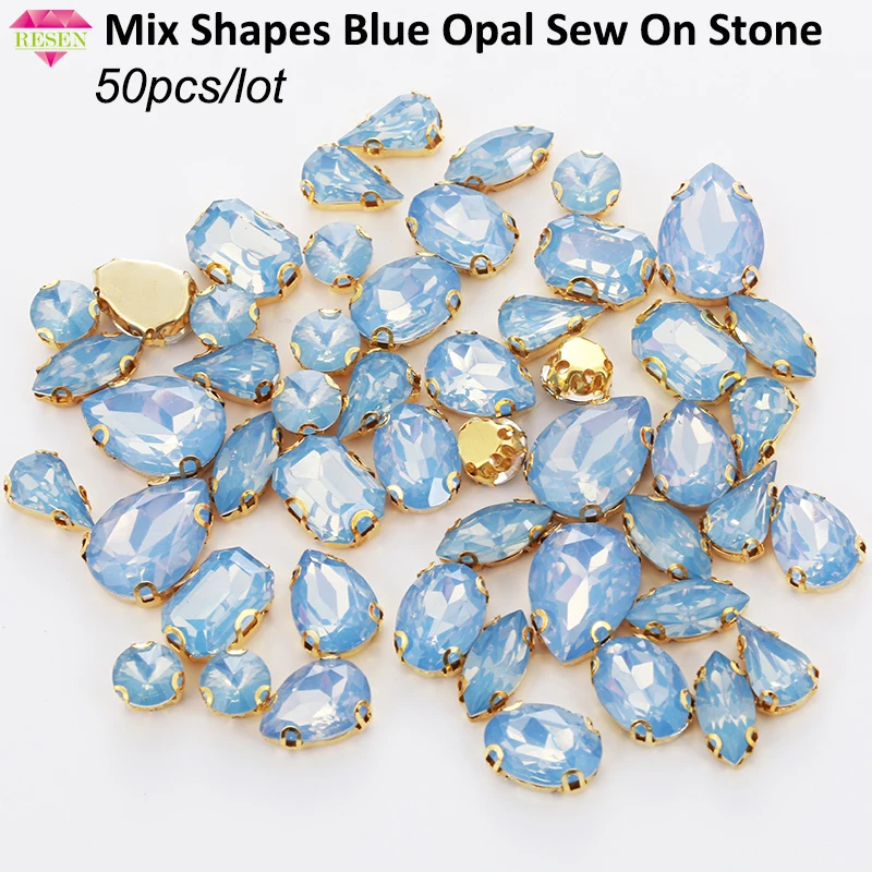 

RESEN 50 шт. смешанные формы, смешанные размеры, синий опал, смола, пришитые камни с золотым дном, стразы в виде когтей для DIY, аксессуары для одежды