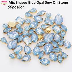 RESEN 50PCS Mix Shapes Mix Sizes Blue Opal Resin Sew On Stones With Gold Bottom Claw Rhinestones For DIY Clothing Accessories
