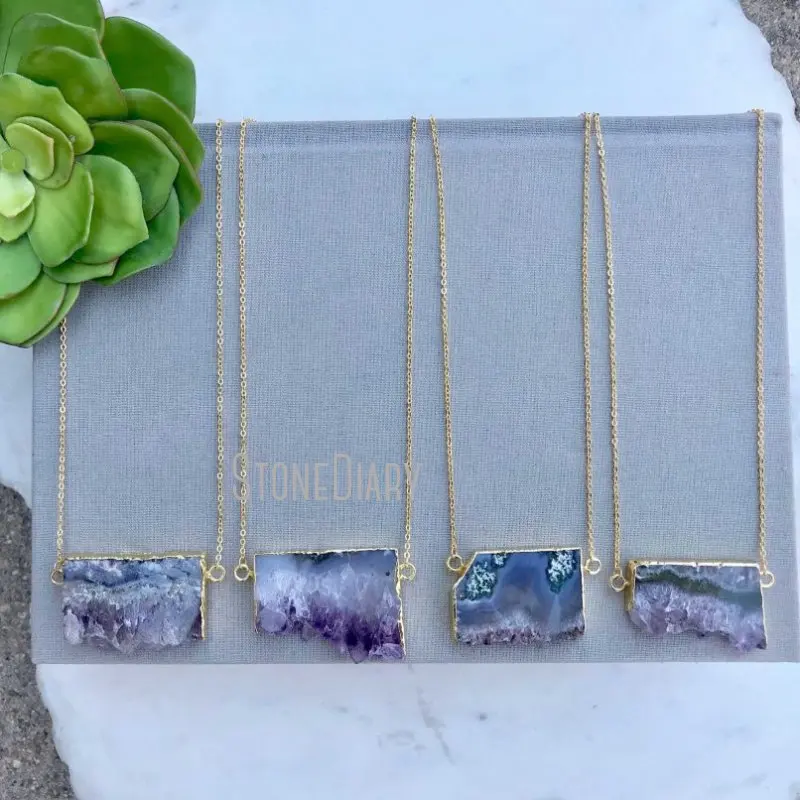 

NM14729 Raw Amethyst Healing Crystal Free Form Slice Pendant Gold Plated Chain Necklace Bohemian Boho Jewelry