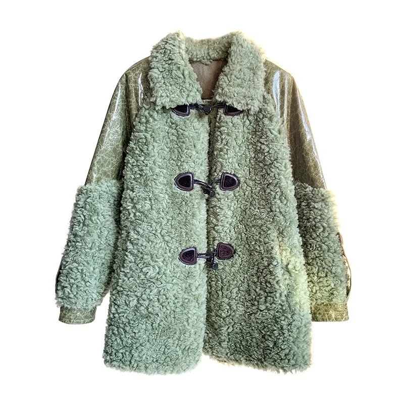 Phụ Nữ Mùa Đông Vừa Vặn Phù Hợp Nút Kèn Cừu Shearling Áo Khoác Nữ Casual Lambswool Da Cừu Miếng Dán Cường Lực Áo Liền Quần Len Thật Áo Khoác Nỉ