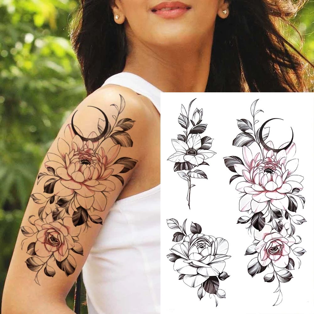 Tatouages Temporaires en Fleurs de Lys pour Femme Adulte, Faux Autocollant Noir Imperméable, 3D, Bras, Annie, Orchidée, Nunlia, Pivoine, DIY