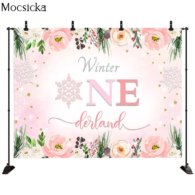 Mocsicka 첫 번째 생일 배경 꽃 눈송이 장식 스타일 베이비 샤워 사진 배경 사진 스튜디오