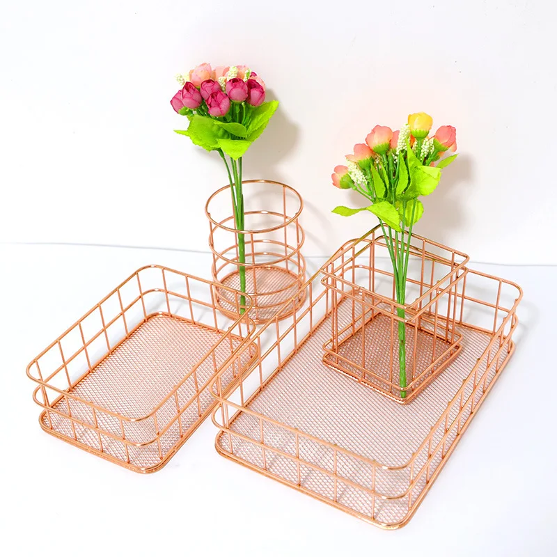 Iron Storage Basket Rose Gold Rectangle Wire Household Desktop Metal Organizer Pen Holder Bathroom Kitchen Sundries Container