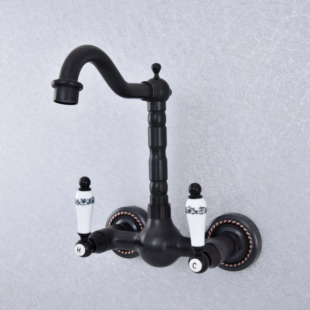 

Oil Rubbed Bronze Bathroom Basin Swivel Spout Faucet Wall Mounted Dual Ceramic Handles Vessel Sink Mixer Taps zsf713