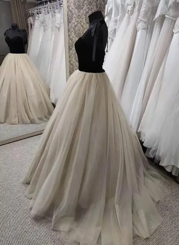 Gótico preto e champanhe vestidos de casamento vestido de noiva cintas de espaguete tule velvet varredura trem feito sob encomenda mais tamanho vestido d