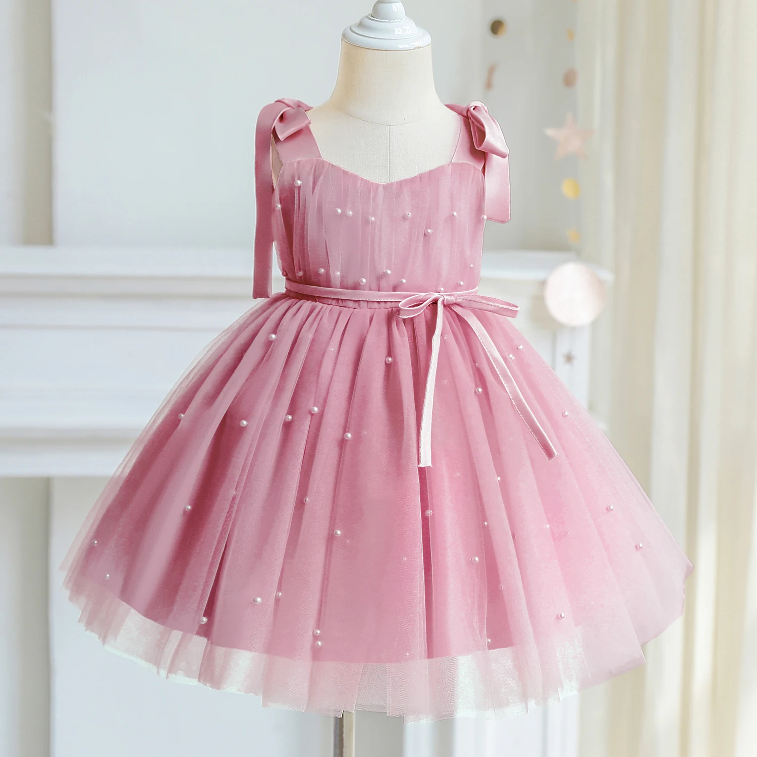 Elegant Kid Dress for Girl Tutu Fluffy Princess Pearls Wedding Gown Children Birthday Party Dress Summer Girl Sleeveless Clothes