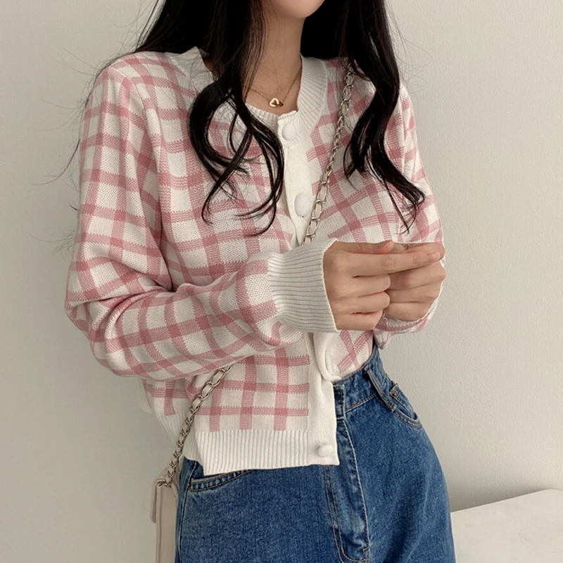 Neue Herbst Strickjacken für Frauen Harajuku Mantel kariert Langarm Einreiher Plaid kurz geschnittenen Strick pullover schicke Damen