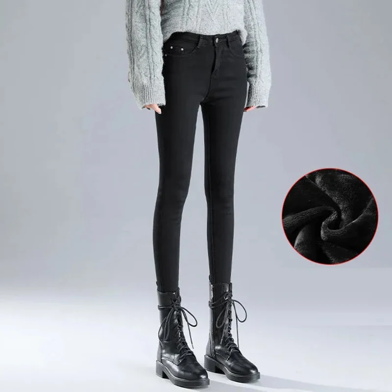Fleece Winter Jeans For Slim Women Warm Retro High Waist Stretch Pencil Pants Streetwear Casual Velvet Skinny Denim Trousers