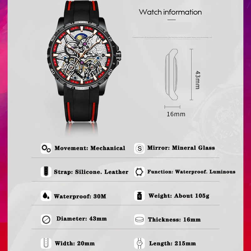 AILANG Watch For Men Skeleton Automatic Mechanical Watch Men Tourbillon Sport Clock Casual Luminous Wrist Watch Montre Homme