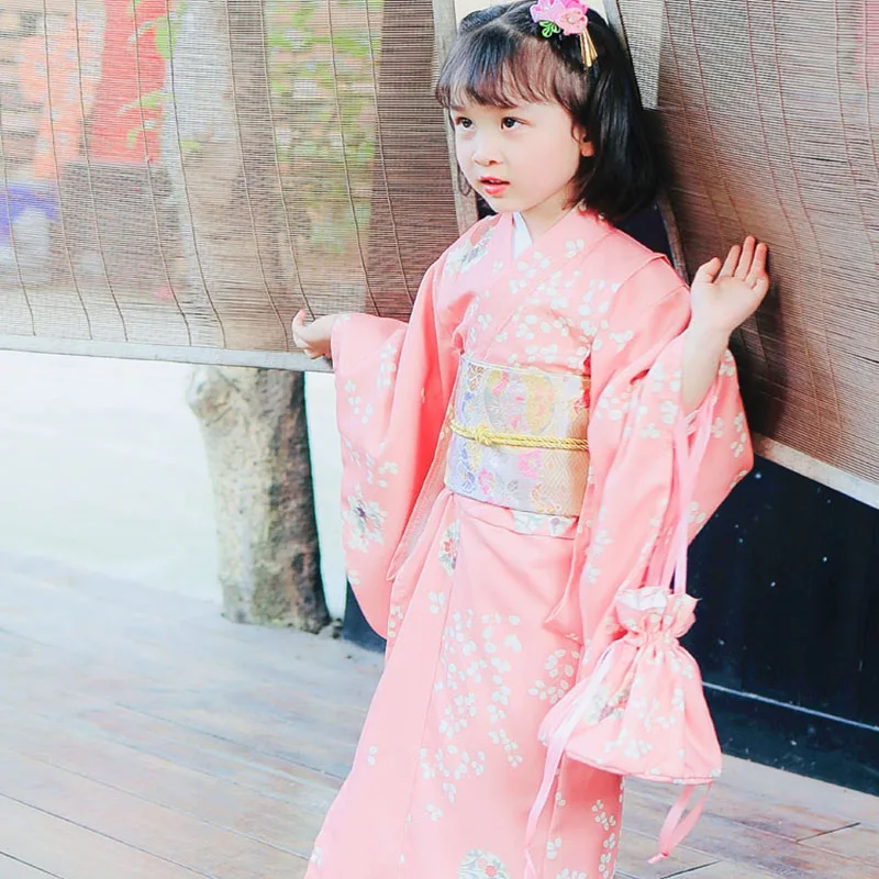 Quimono japonês de manga comprida infantil, conjunto tradicional de Yukata, trajes infantis cor de rosa, recém-chegada, LC056