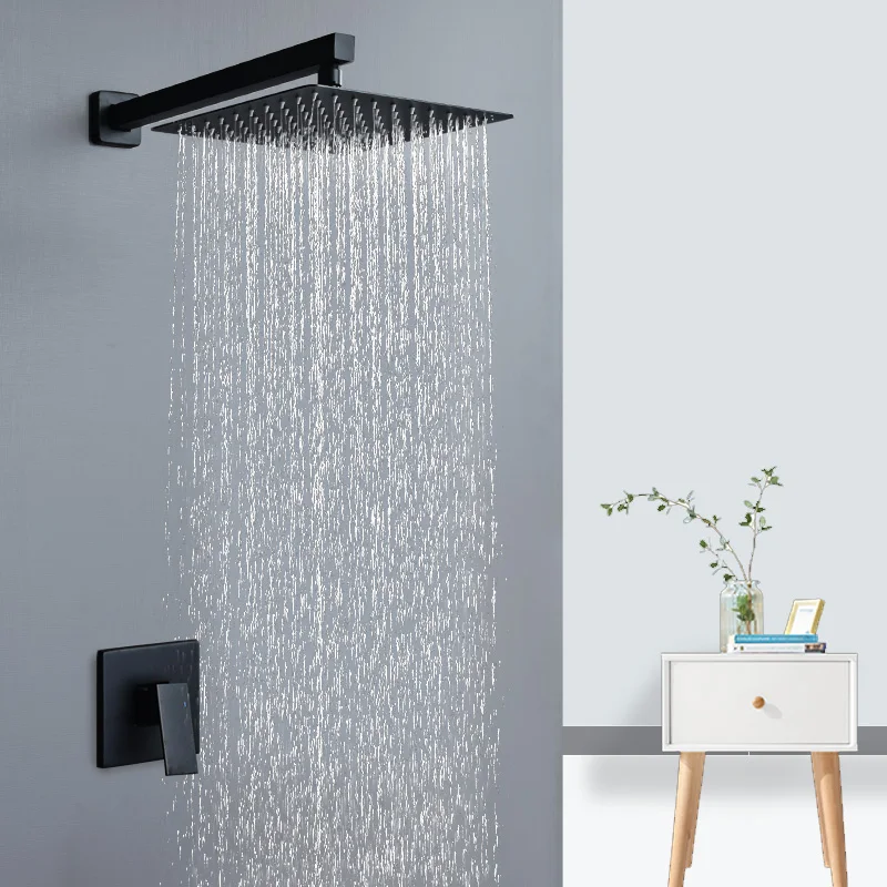 High Quality Copper Black Hot And Cold Waterfall In Wall Mounted Concealed Bathroom Rain Shower Set