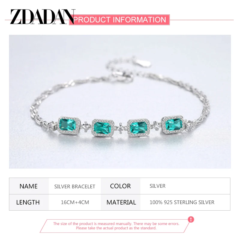 ZDADAN 925 Sterling Silver Emerald  CZ Adjustable Bracelet & Bangle For Women Fashion Wedding Jewelry Party Gift