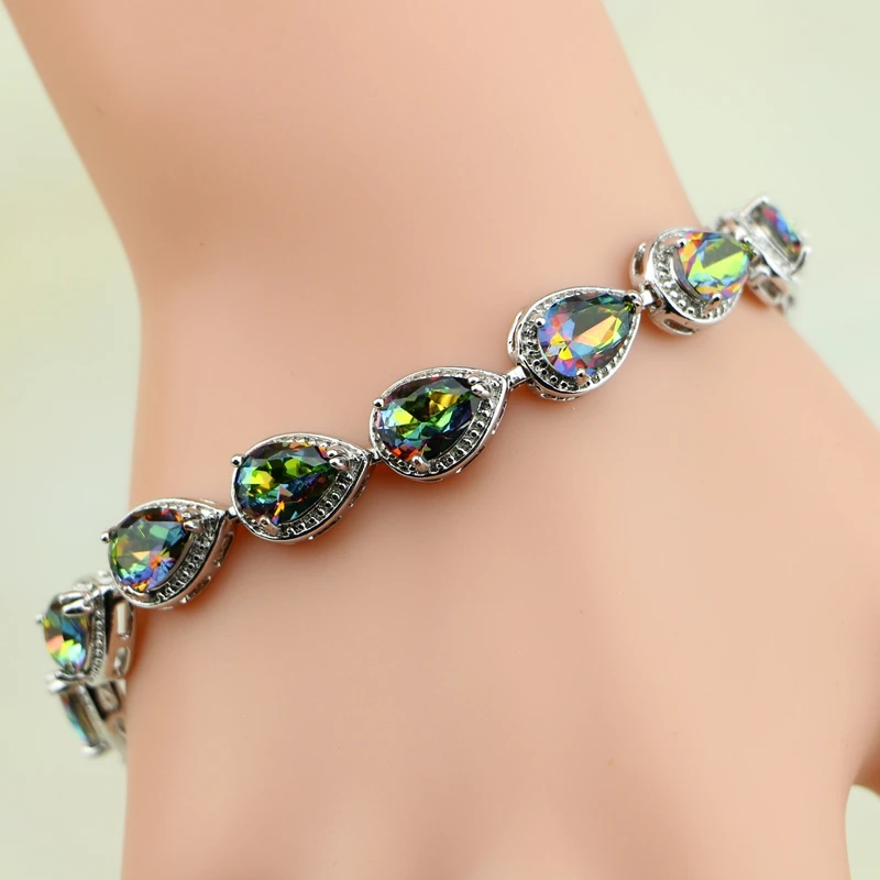 Water Drop Rainbow Mystic Cubic Zirconia 925 Silver Charm Stone Bracelet For Women