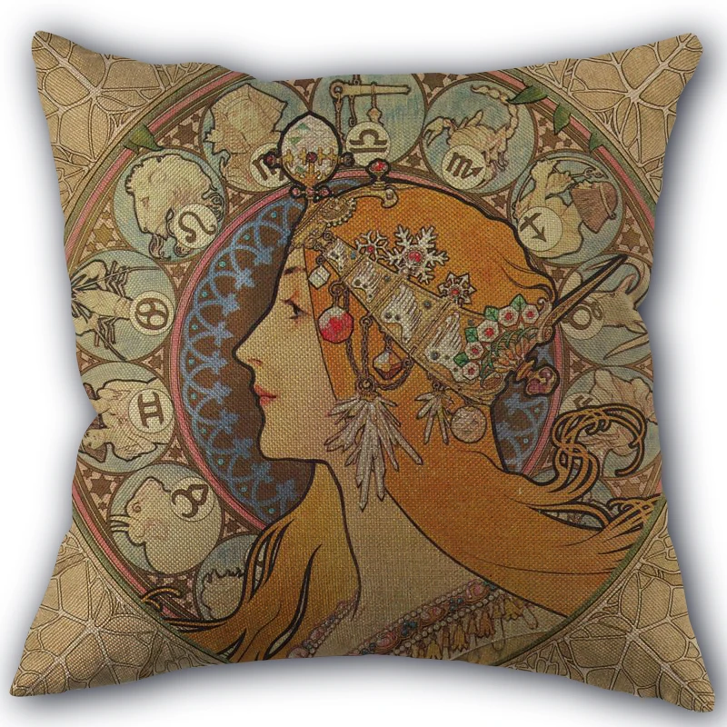 Custom Alphonse Mucha Art Pillowcase Cotton Linen Fabric Square Zipper Pillowcase 45X45 Wedding Decorative Pillow cover