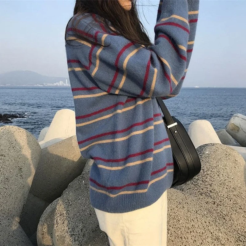 Striped Vintage Loose Round Neck Acrylic Knitted Sweaters Women Korean Fashion Long Sleeve Pullover Sweater Woman Winter 2022