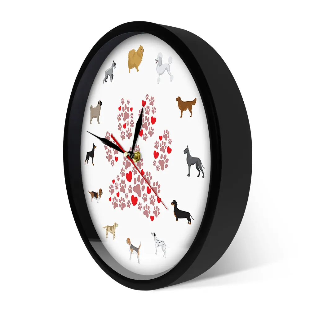 Printable Dogs Wall Art Modern Wall Clock Dog Breeds Animal Home Decor Cartoon Artwork Hanging Wall Watch Puppy Dog Owner Gifts