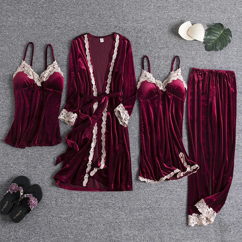 

4PCS Pajamas Set Womens Velour Robe Gown Burgundy Autumn Winter Nightgown Kimono Sleepwear Velvet Home Clothing Nightwear