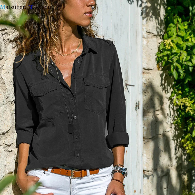 Blusa de manga larga con botones para mujer, camisa elegante informal, color liso, para otoño