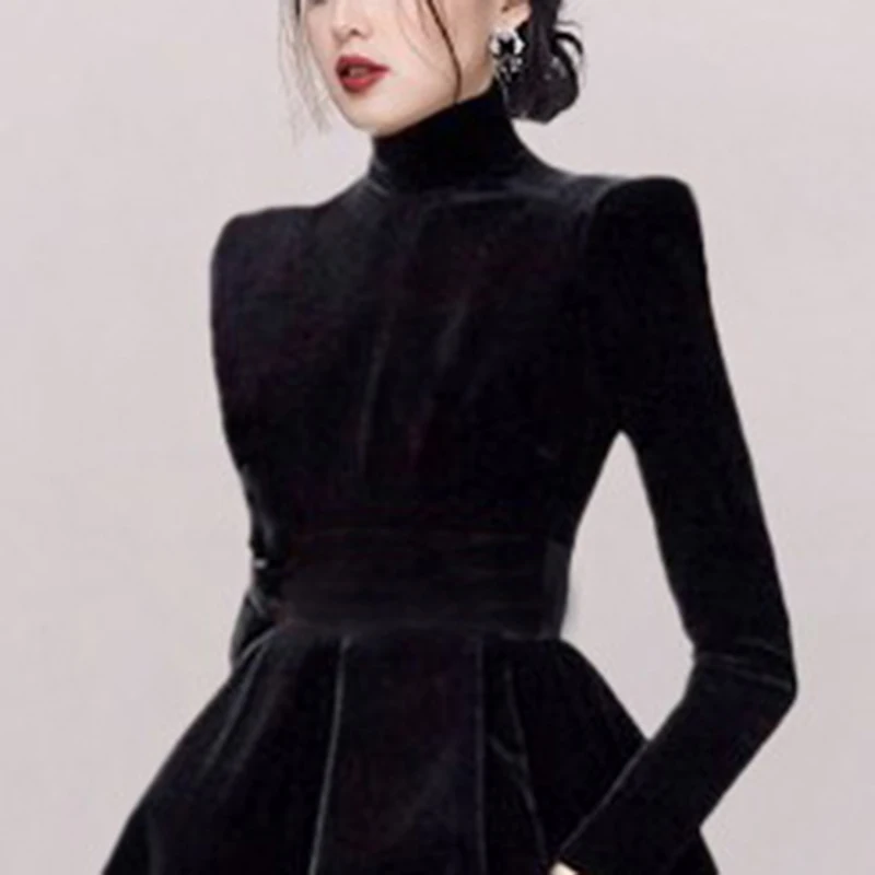 Lautaro Autumn Midi Vintage Black Velvet Party Dress Turtleneck Collar Long Sleeve Retro Elegant Luxury Evening Gowns for Women