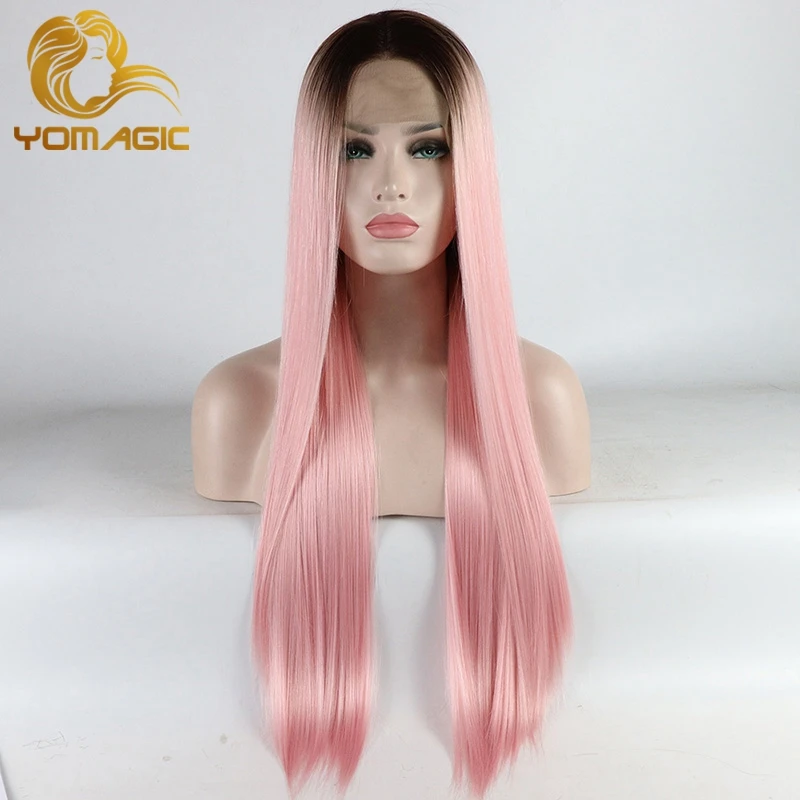 Yomagic Silk Straight Lace Front Wigs for Women Bright Pink Synthetic Hair Lace Wigs with Natural Hairline Cosplay Wigs