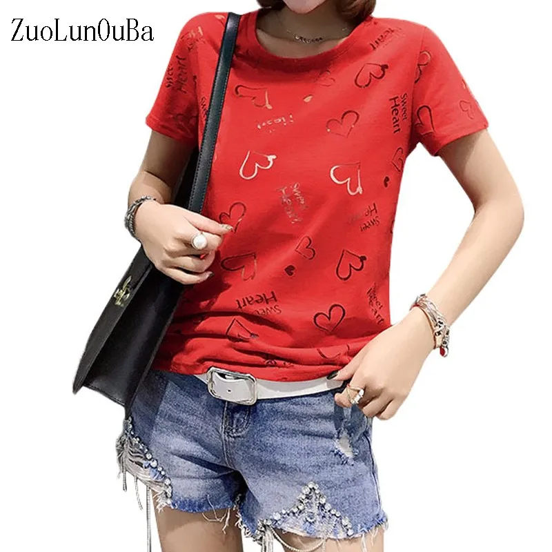 

Zuolunouba Summer Women T Shirt Mesh Hollow Round Neck T Shirt Loose Red Love Short Sleeved Tees Tops