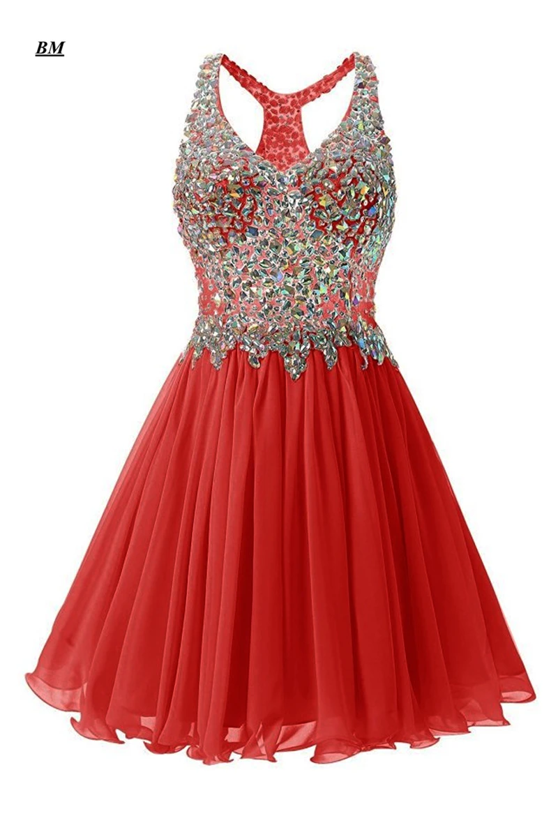 Vestidos cortos de gasa con cuello en V para baile de graduación, Vestido de fiesta Formal de regreso a casa, con cuentas, rojo, formato BM83, 2021