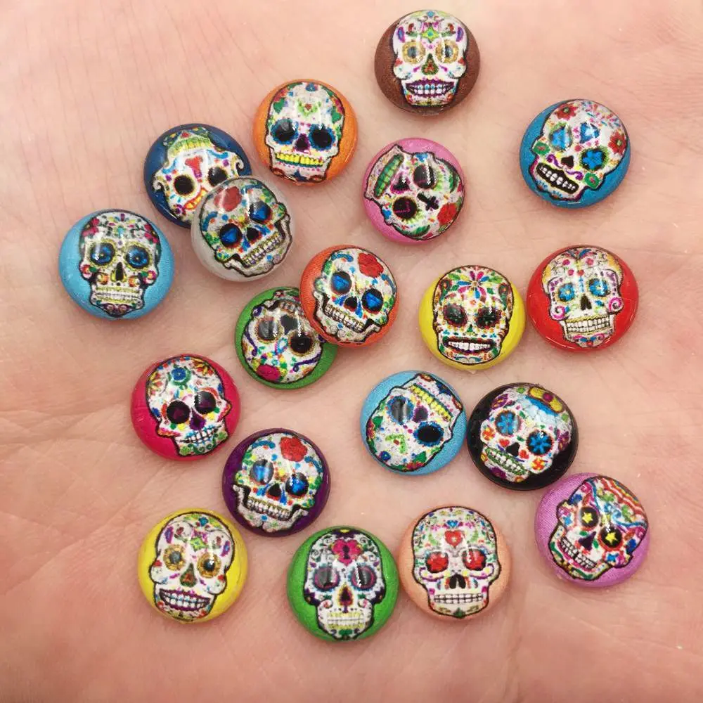 New Shiny 80pcs Mix Resin 10mm Colorful Skull Round Buttons Flatback Rhinestone Appliques DIY Christmas Scrapbook Craft F960