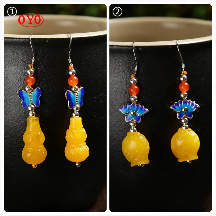 S925 silver amber chicken butter yellow beeswax gourd fish earrings