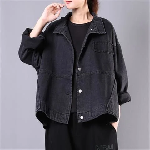 Autumn New Korean Literary Retro Vintage Jeans Women\'s Long Sleeve BF Denim Oversized Black Jean Harajuku Jacket Female Coats