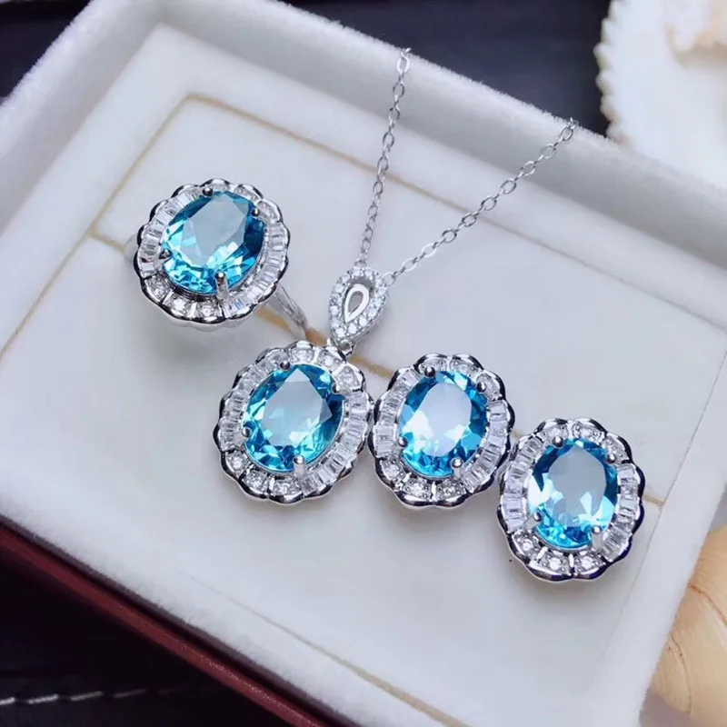 Luxury Bridal Jewelry Sets Silver Color Imitated Blue Topaz  Stone Necklaces Earrings Rings for Women Wedding Jewelry