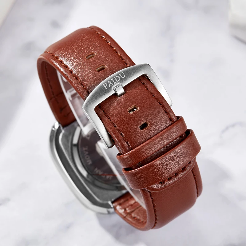 PAIDU Unique Quartz Watch Men Turntable Women Square Dial Watches Military Couple Boys Wristwatch Leather Strap Sport Gift Lover