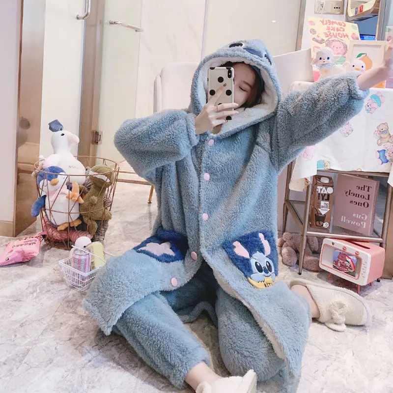 

Cartoon Thick Pajamas Suit Casual Flannel Bathrobe Lady Sleepwear Kimono Gown Coral Fleece 2PCS Robe&Pants Homewear Nightgown