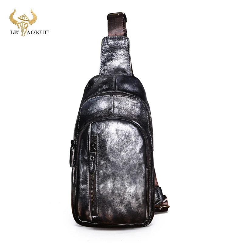 Real Genuine Leather Design Triangle Sling Chest Bag For Men Male Travel One Shoulder Strap Bag 8