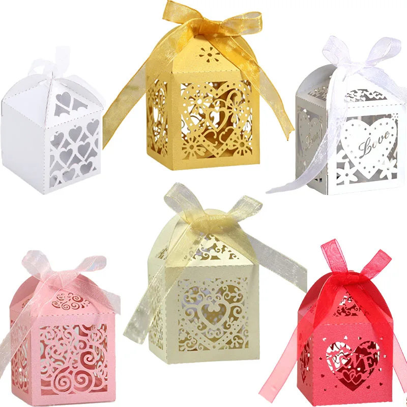 20/30/50 Uds. Cajas de dulces cortadas con láser de corazón de amor con cinta, caja de recuerdos para Baby Shower, recuerdos de boda, regalos para invitados, suministros para fiestas