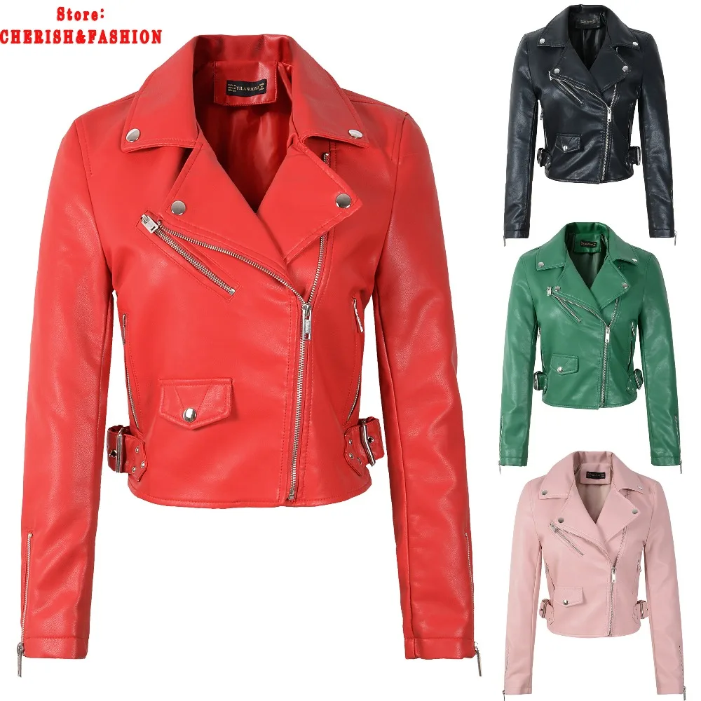 Hot New Fashion Women Autumn Winter Faux Soft Leather Jackets & Coats Lady Red White Black PU Zipper Motorcycle Streetwear Hot