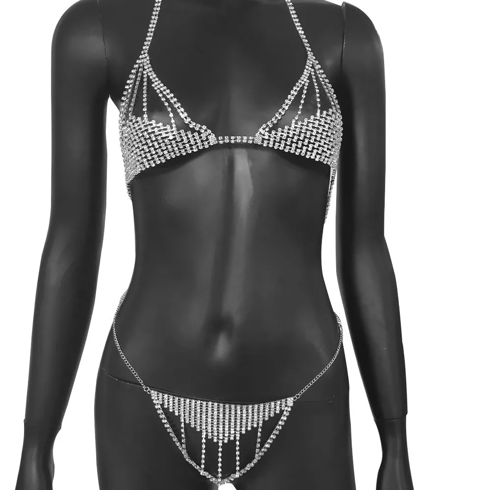 

Luxury Hollow Rhinestone Sexy Bikini Set Body Harness Chain Bra and Thong for Women Bling Crystal Underwear Panties Body Jewelry